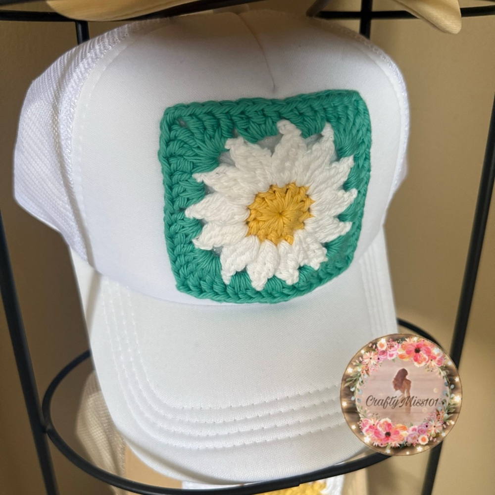 White Trucker Hat with Crochet Daisy Patch